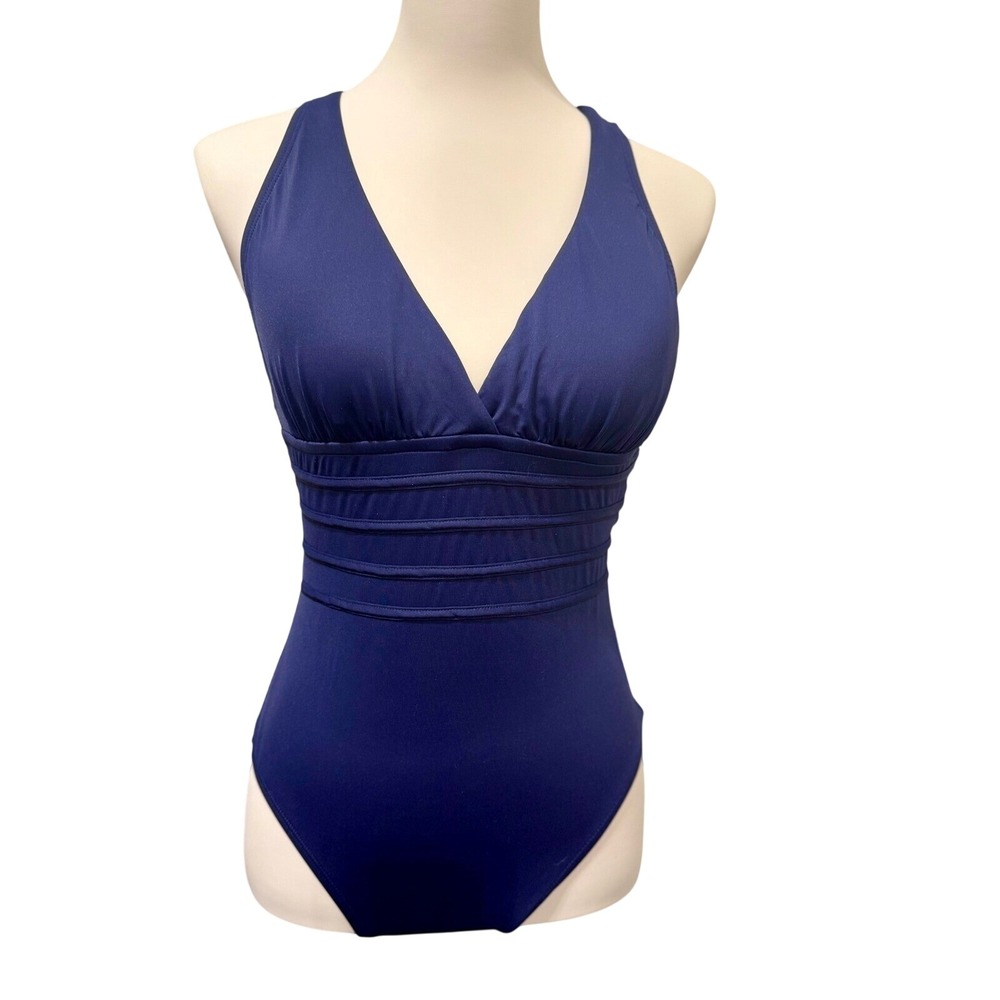 La‎ Blanca One Piece Swimsuit Criss Cross Back V Neck Lined Swimwear Size 8